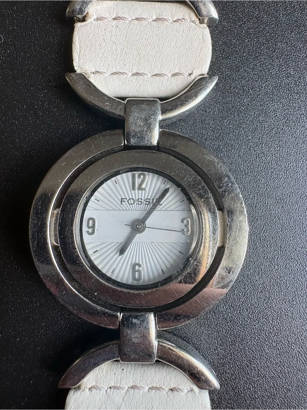 Fossil Silver Tone Watch with White Leather-Link Accents